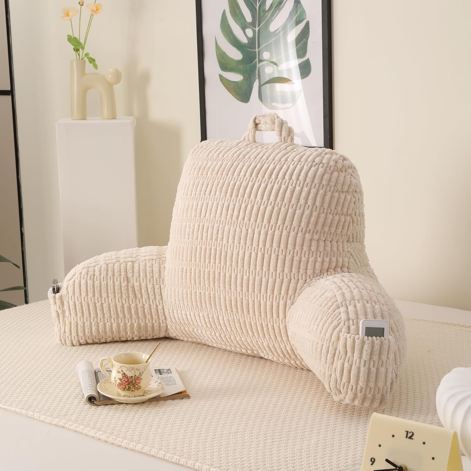 Reading Pillow for Sitting in Bed, Large Backrest Reading Pillow with Polypropylene Cotton (Cream Corduroy, Large(19inch)) Cream Corduroy Large(19inch)
