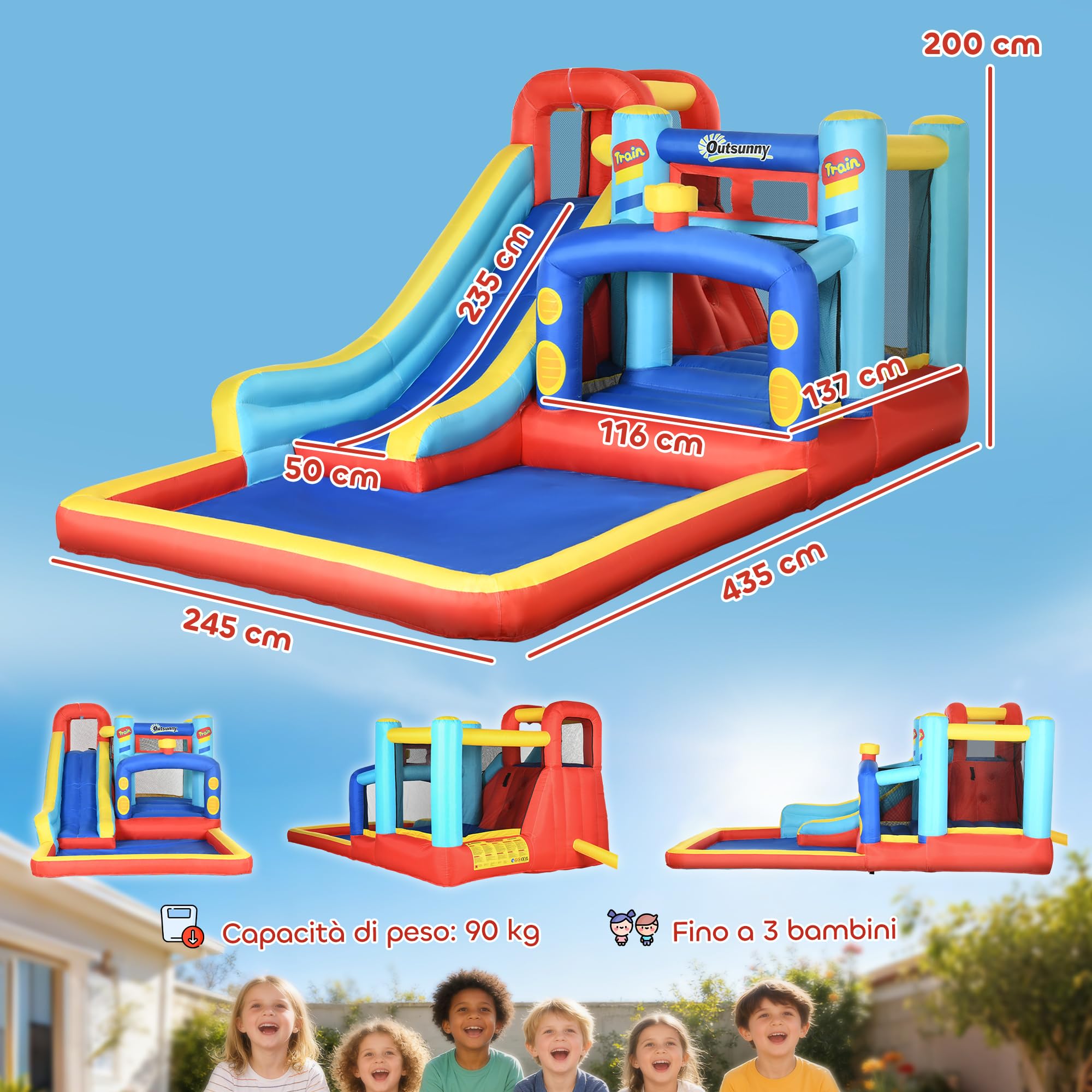 Outsunny Castello Gonfiabile 4 in 1 per Bambini 3-8 Anni, 435x245x200cm