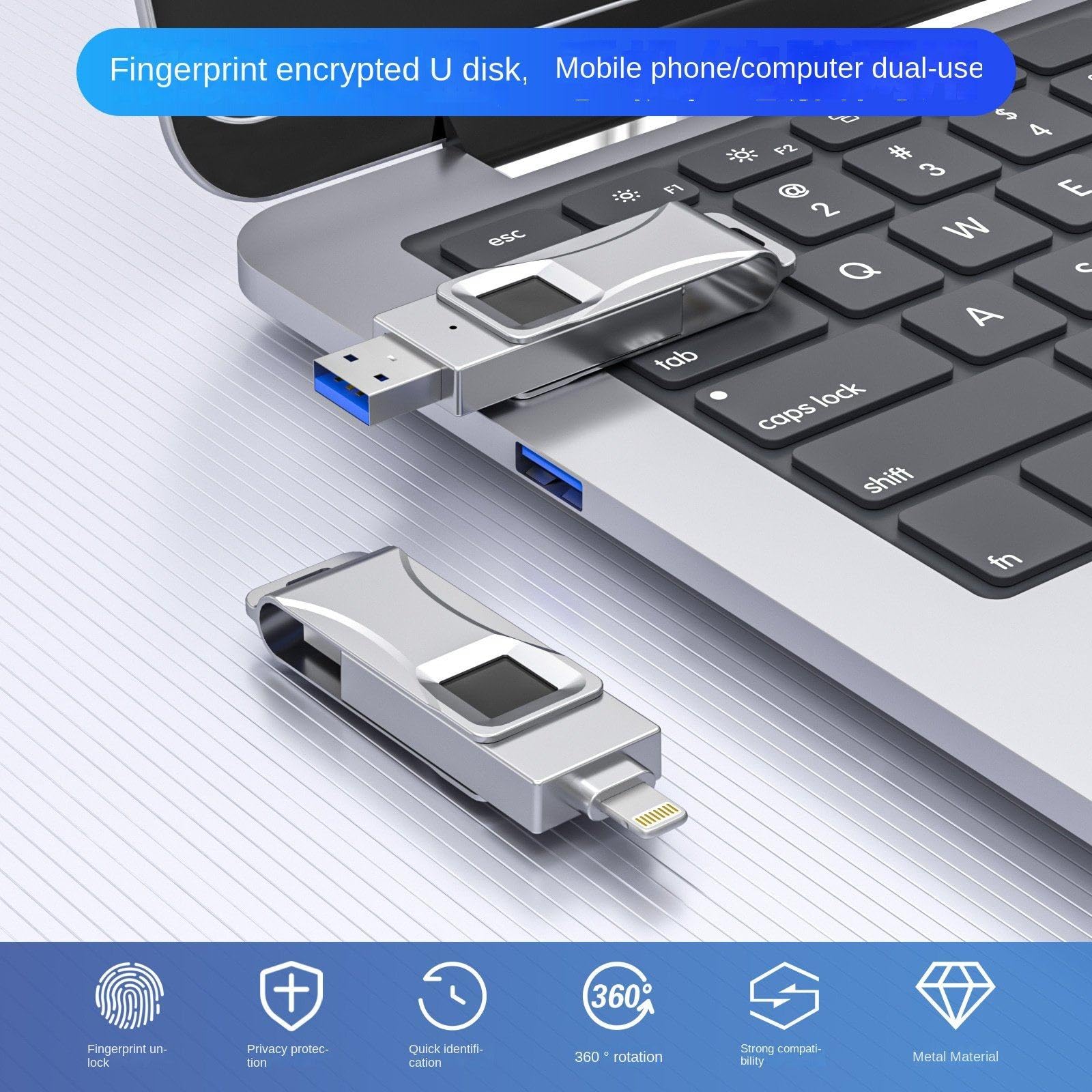 Chiavetta USB crittografata con impronta digitale da 64 Gb 128 Gb 256 Gb 512 Gb per computer e telefono cellulare,128GB