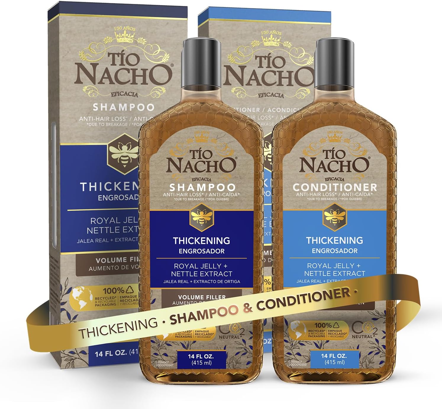 Thickening Shampoo and Conditioner Set: Capilgross, Royal Jelly, Nettle, Aloe Vera, Reduces Hair Loss, Strengthens, Nourishes, Volumizes - 14 fl oz Each
