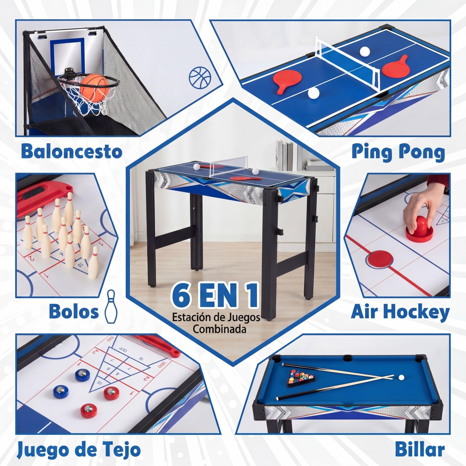 GOPLUS Mesa de Juegos 6 en 1, Mesa Multijuegos Combinada de Billar Hockey Baloncesto Ping Pong Bolos Shuffle, Patas de Metal, Diseño Apilable, Juego Arcade para Adultos y Niños, 96 x 43,5 x 74 cm