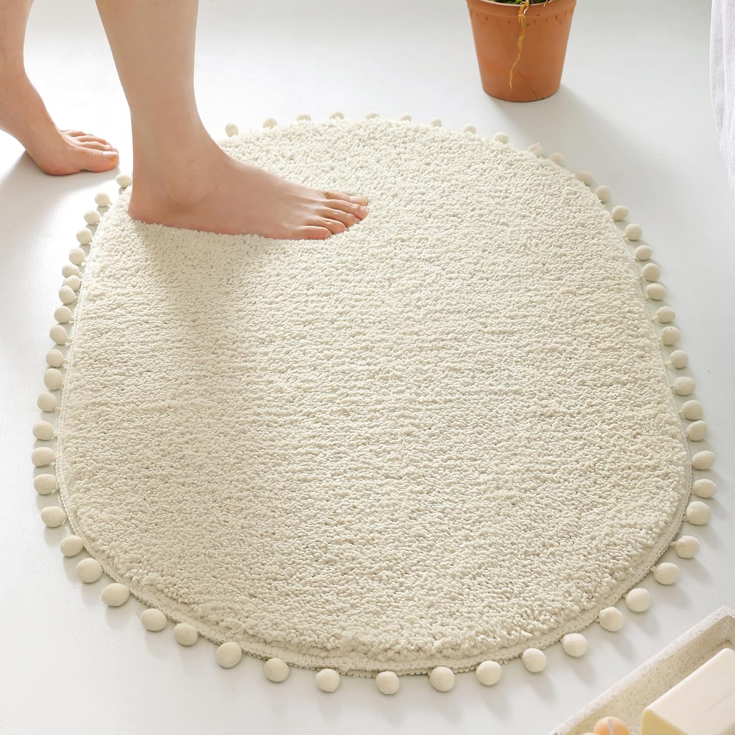 YIRDDEO Oval Bathroom Rugs Beige Rug with Pom Cream Bath Mat for Bedroom Non Slip Cute Boho Absorbent Mats Soft Plush Washable Rug (20x30 inches) - Image 8