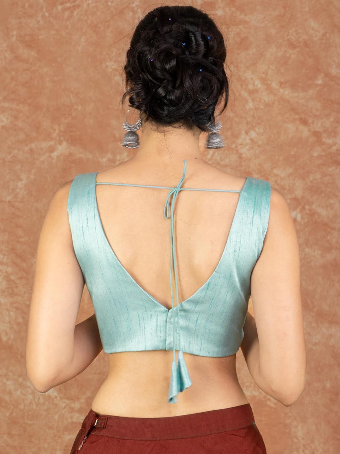 FIGURE'S DESIGNER Women's Dupion Raw Silk Sleeveless V Neck Sabyasachi Cut Readymade Saree Blouse Padded Stitched S4 - Image 8