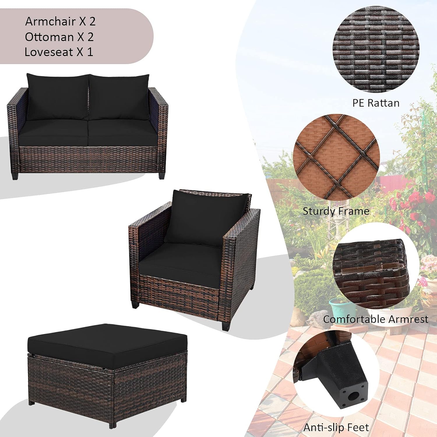 Tangkula 5 Pieces Rattan Patio Furniture Set, Outdoor Sectional Wicker Sofa Set with Loveseat, 2 Single Sofas, 2 Ottomans & Removable Cushions, Outside Daybed Sofa for Yard, Garden, Poolside (Black)