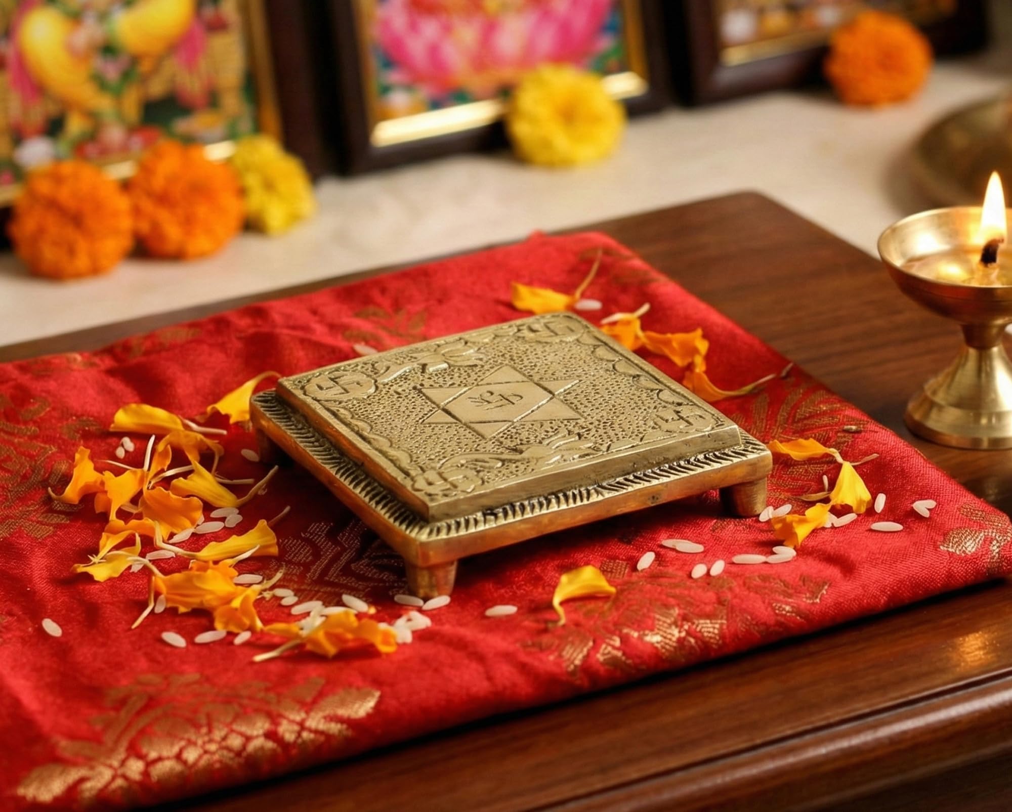 ESPLANADE Brass Pooja Mandir Chowki Peetha Peeta God's Stool - Puja Articles - 2.6" Inches (Very Small)