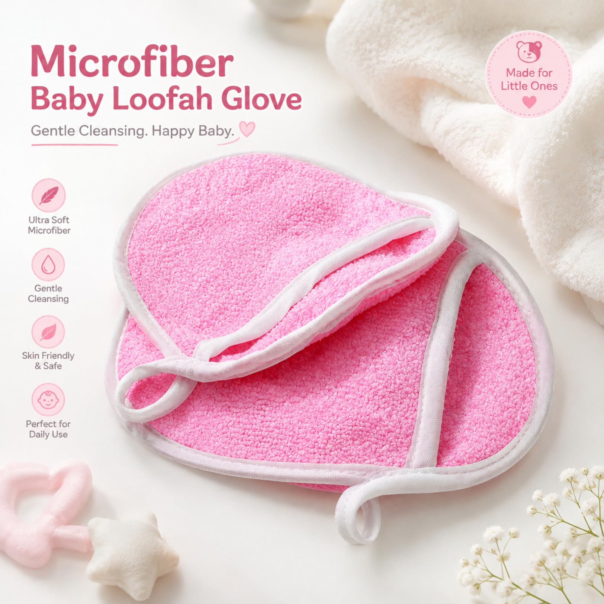 U & U UNIQUE UTILITIES Microfiber Baby Bath Sponge Loofah | Shower Sponge for Newborns & Toddlers | Soft, Gentle & Quick-Dry Bathing Loofah (Pink) - Pack of 2 3