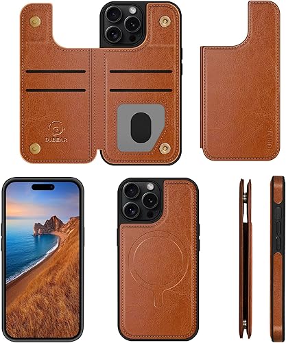 Miniatura 9 de Funda tipo cartera para iPhone 15 Pro de 6.1 pulgadas, magnética, 2 en 1 desmontable, con tapa trasera, piel con bloqueo RFID, a prueba de golpes,