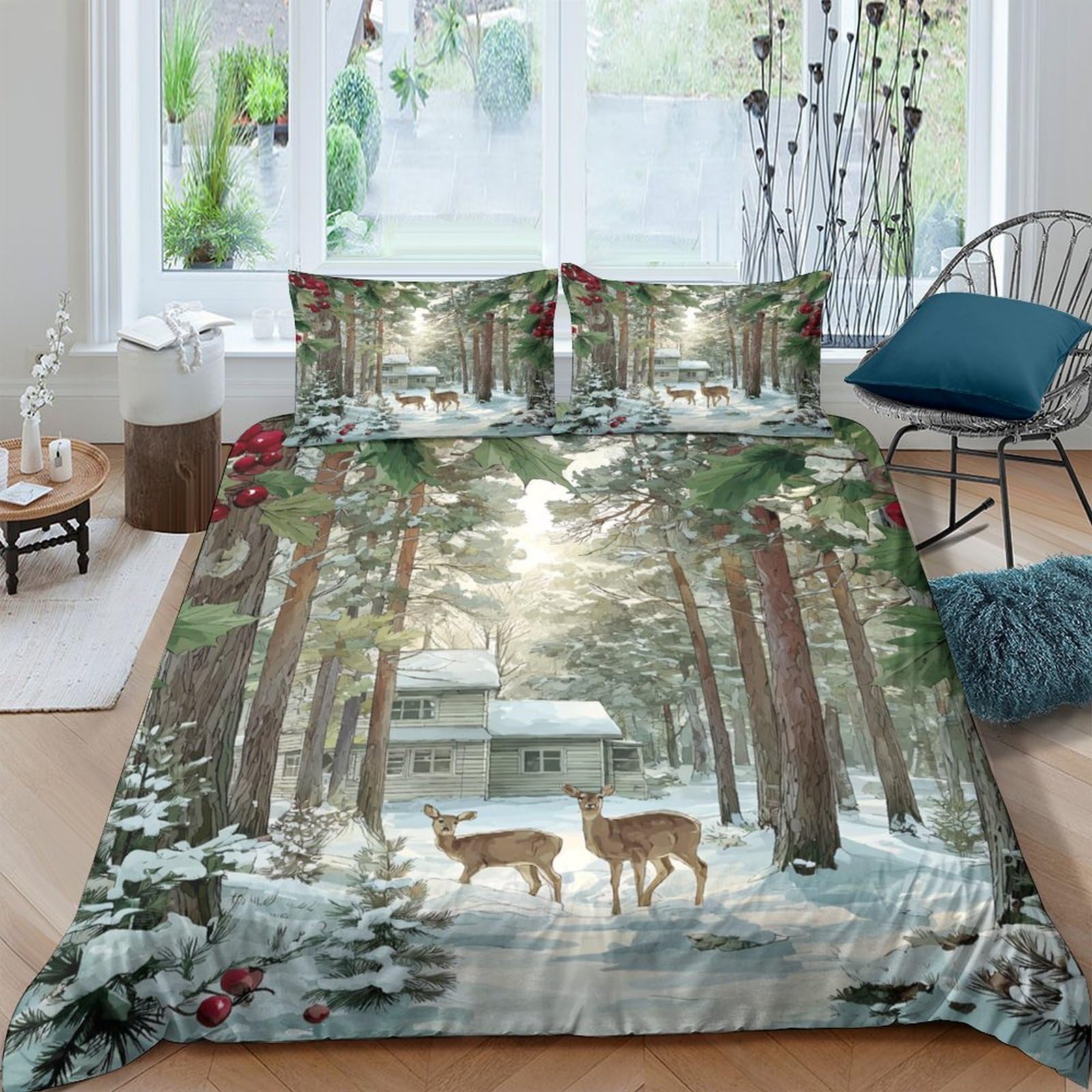 Ctjqhvkz Style-5 3D Printed Winter Forest Fitted Sheet Microfiber Soft Deer Cabin Mattress Cover Bedroom Decor Protection Single（135X200cm）