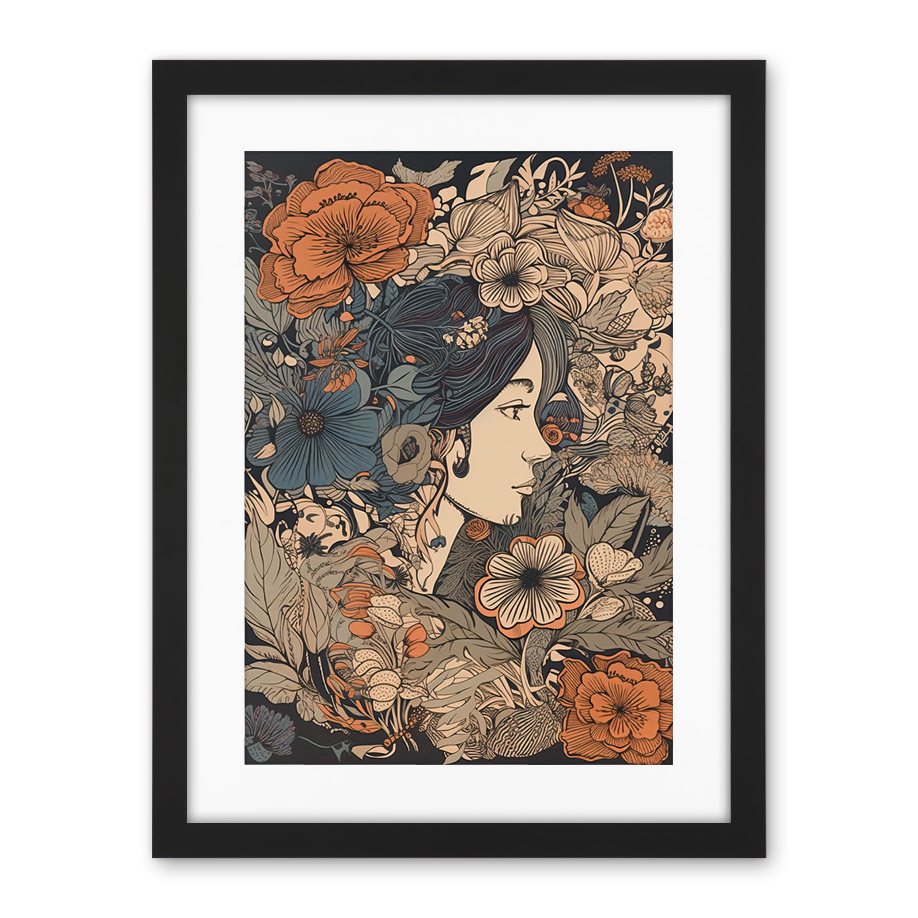 Artery8 Woman Floral Profile Portrait Boho Art Nouveau Artwork Framed Wall Art Print 18X24 Inch