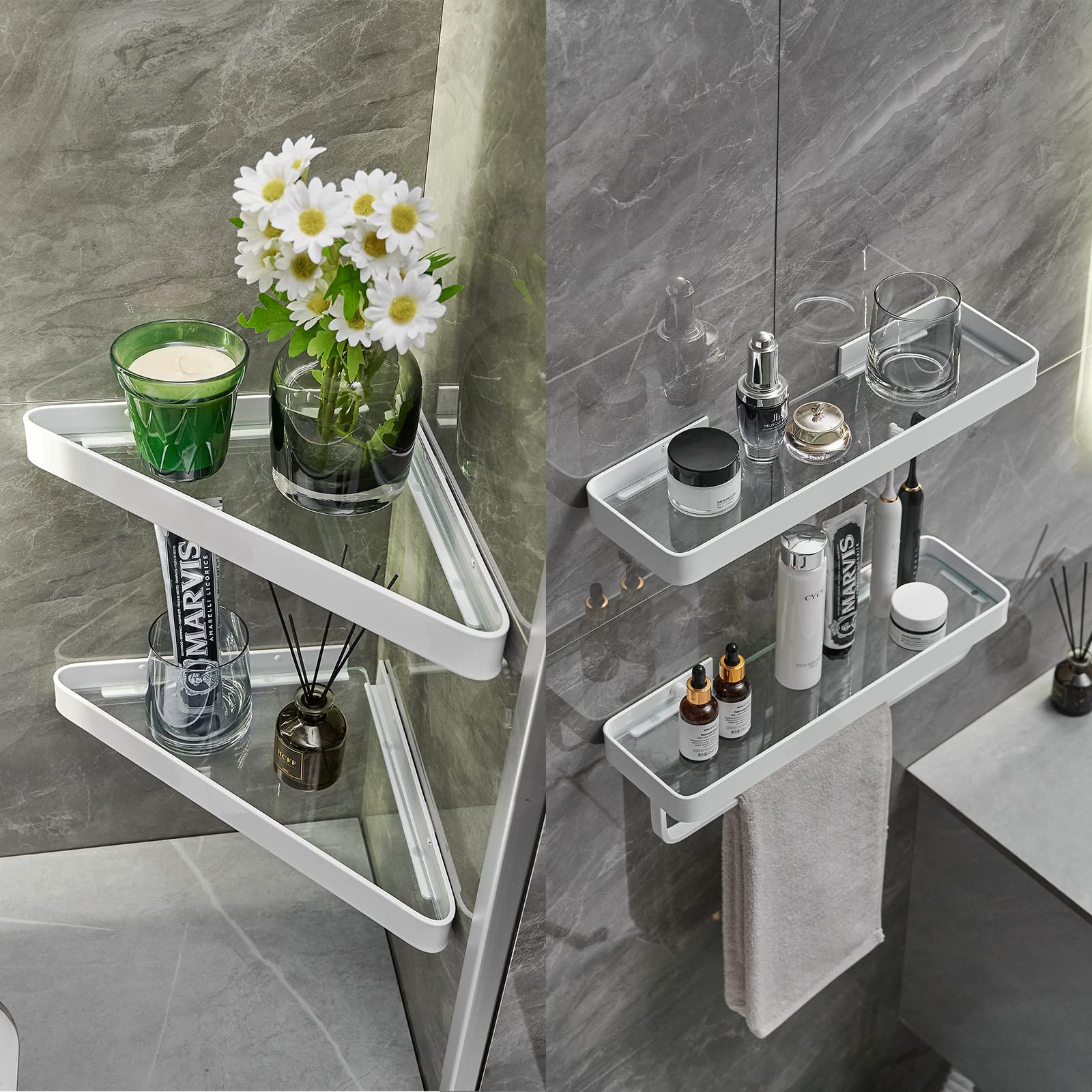 VOLPONE Corner Shower Shelves Glass Bathroom Corner Organizer Shelf Adhesive and Drill Mounted Shower Caddies Shampoo Holder Rust Free Glass Bathroom Shelves with Aluminum Brackets 2 Tier White