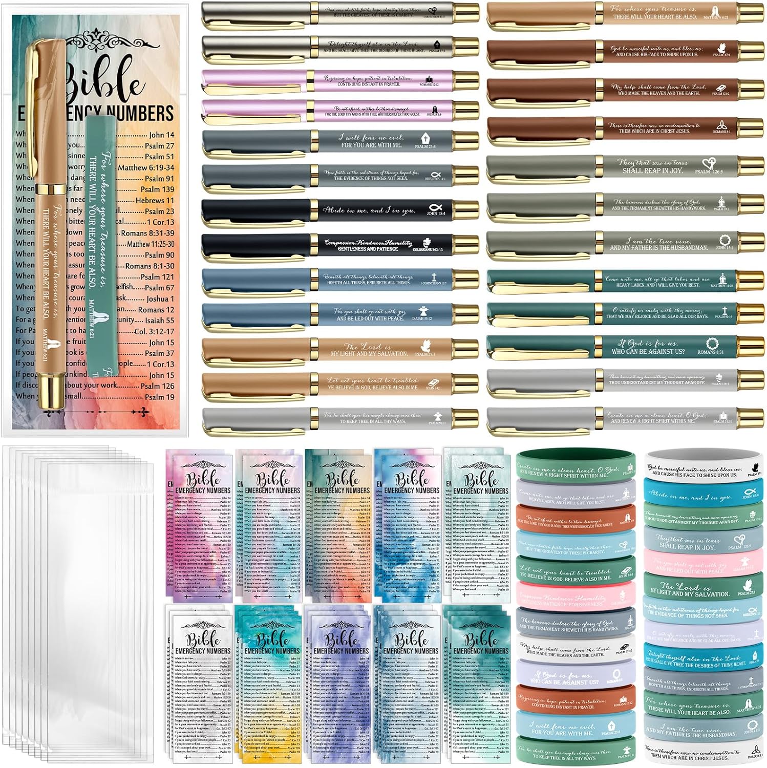 TecUnite 25 Sets Valentines Day Christian Church Gifts Bulk for Men Bible Verse Gel Pens Religious Silicone Wristband Emergency Numbers Bookmarks for Women Coworker Nurse Teacher Men(Multicolor)