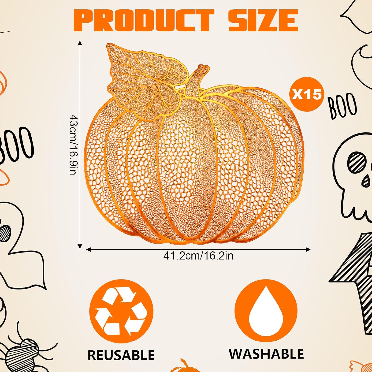 Fall Thanksgiving Pumpkin Placemats Set of 15 Autumn Harvest Table Mats Washable Vinyl Heat Resistant Non-Slip Round Placemat for Fall Halloween Thanksgiving Farmhouse Party Kitchen Table Decor