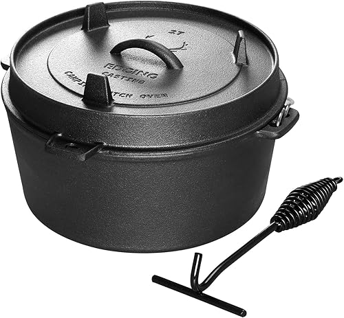 EDGING CASTING Horno holandés para acampar de hierro fundido pre-sazonado, 6QT al aire libre para acampar al aire libre con trípode de tapa