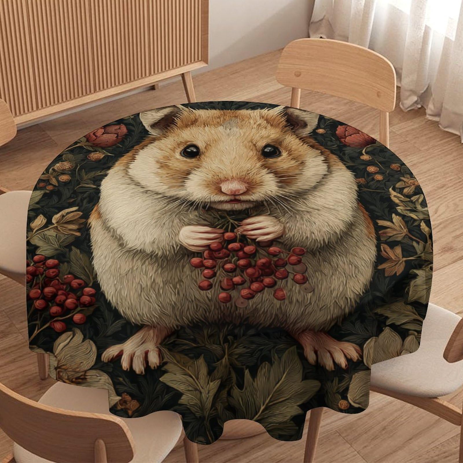 Luyysky Vintage Classic Hamster Round Tablecloth Classic Oil Painting William Morris Plants Fruit Berry Animals Hamster Washable Decor For Table Cover For Kitchen-152.4" Wx152.4 L Cm