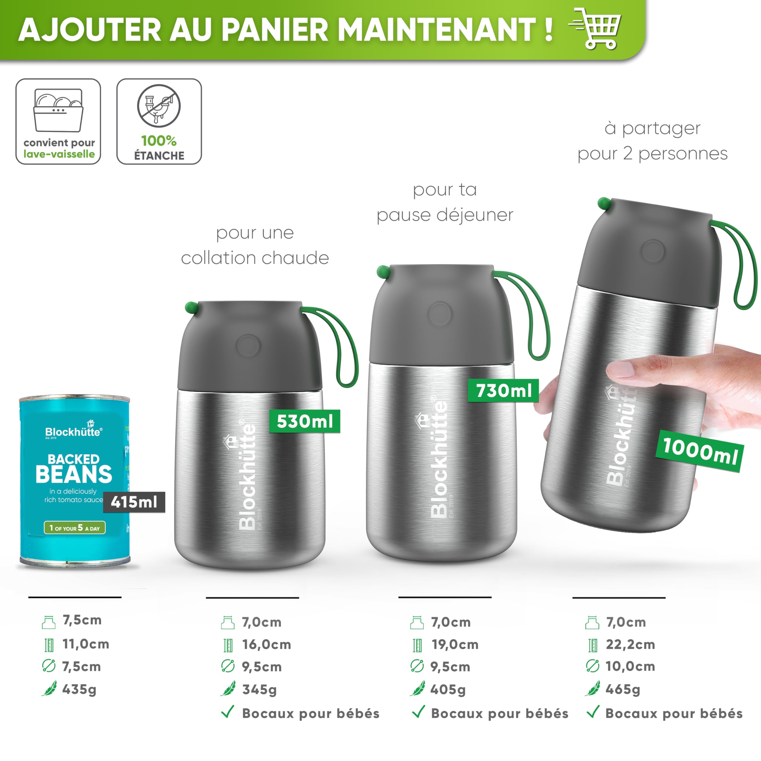 Blockhütte Boite Alimentaire Isotherme en Acier Inox 1L - Thermos Alimentaire, Étanche - Garde les repas chauds jusqu'à 14h - Thermos Lunch Box idéale pour tous les plats - vert foncé