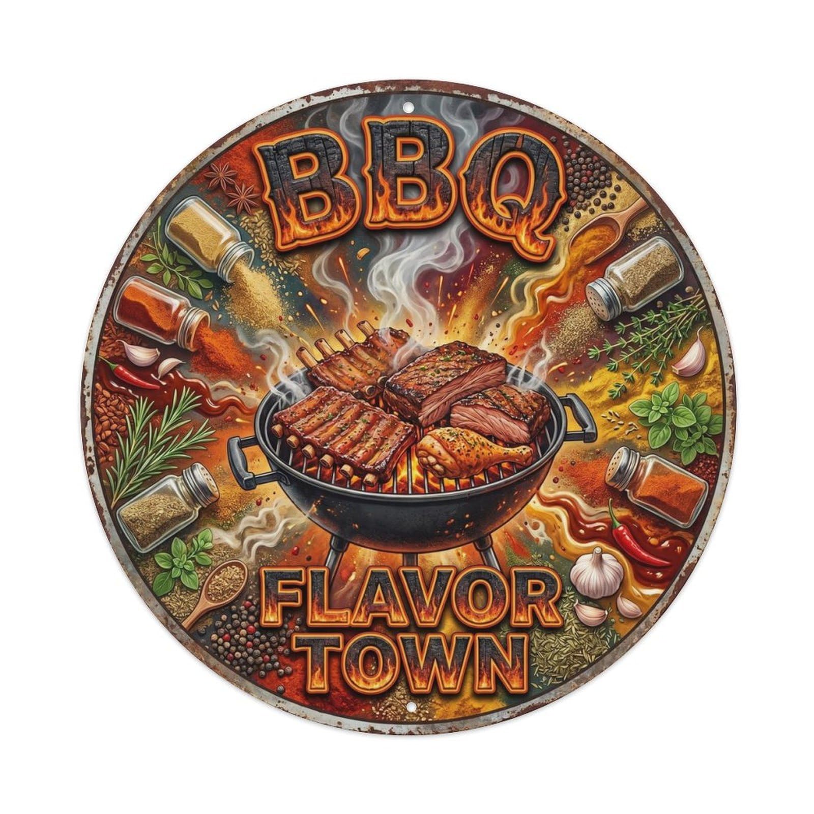 BBQ Barbecue Flavor Town Vintage Metal Tin Sign Plaque Wall Decor for Cafe, Club, Garden Round Metal Poster 8x8Inch