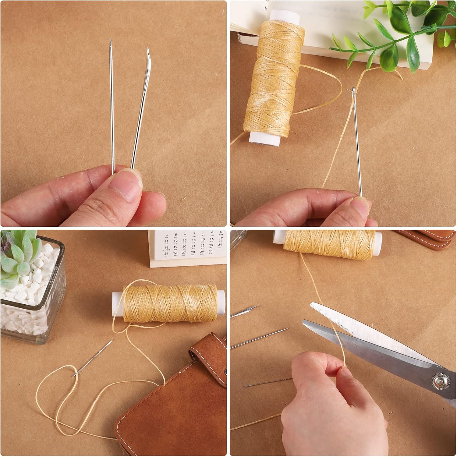 55Yards Waxed Thread with 7 Pcs Leather Needles for Hand Sewing 150D Flat Sewing Waxed Thread Leather Repair Needles for Sewing Upholstery Leather Canvas Bags Sofa Furniture(Natural)