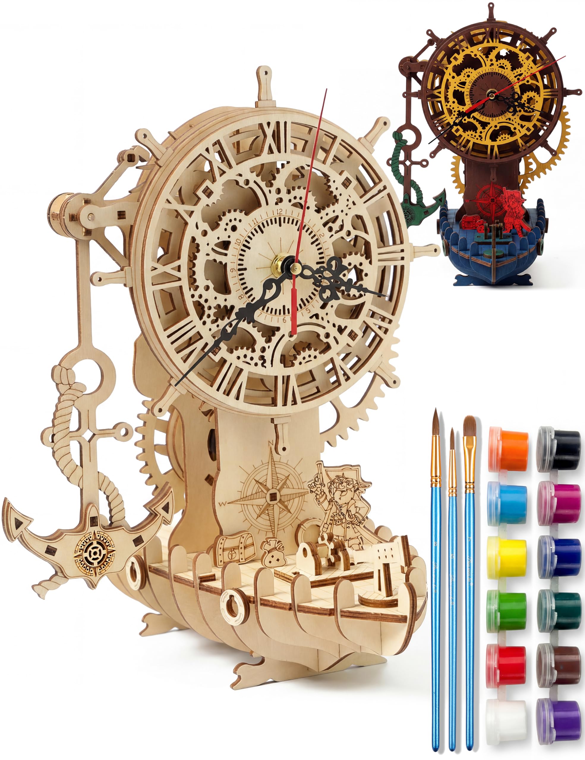 BOOZUU Puzzle 3D dipinto in legno con nave pirata orologio per adulti