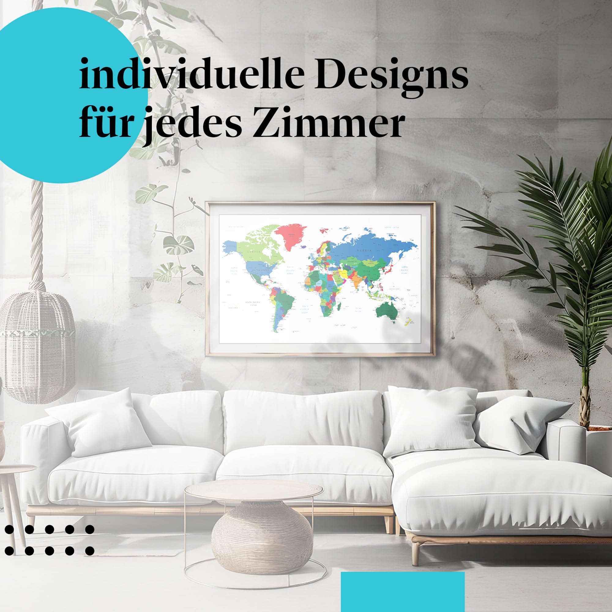 Postereck - 0666 - Politische Weltkarte, Land Hauptstadt Kontinent - Unterricht Klassenzimmer Schule Wandposter Fotoposter Bilder Wandbild Wandbilder - Leinwand - 100,0 cm x 75,0 cm