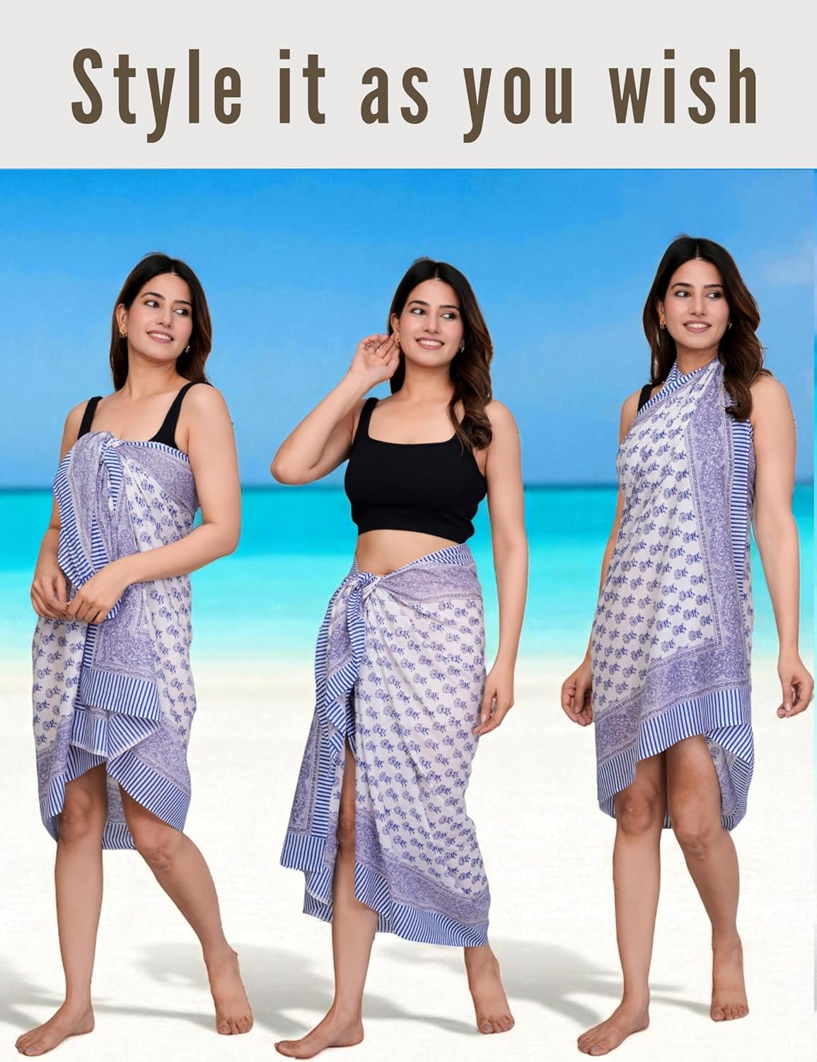 Hand Block Printed Cotton Sarong Wraps for Women – Lightweight Beach Swimsuit Cover Up, One Size Pareo (73 x 44 In) - Image 3