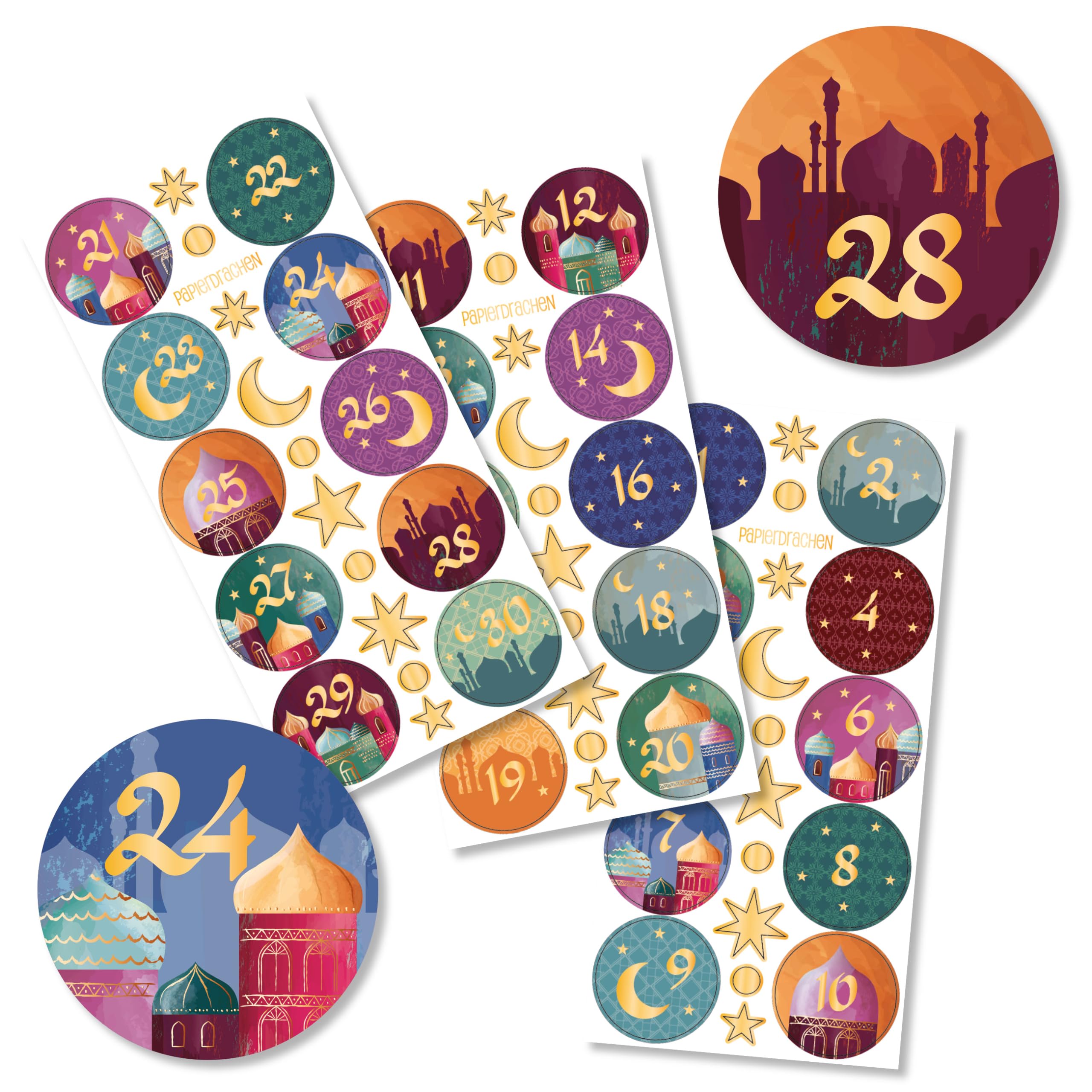 Papierdrachen Colourful 30 Number Stickers For Ramadan – – Gold Foiled – Sticker Diameter Of Approx. 4 Cm – For Crafts And Decorating Your Personal Ramadan Calendar – Eid Mubarak – Set Of 3