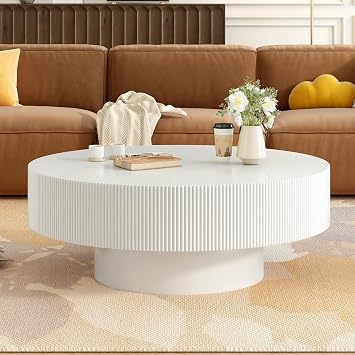 Round Drum Coffee Table, 31.5" Modern Handcraft Fluted Drum Coffee Table, Wooden Round Coffee Table Center Table Cocktail Table with Stable Pedestal for Living Room Apartment White