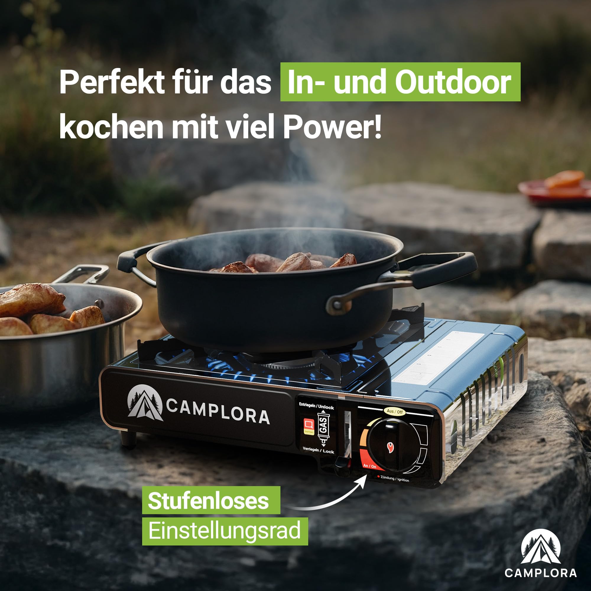 CAMPLORA Gaskocher für MFS-1a Kartuschen inkl. Tragekoffer mit Piezozündung - Campingkocher 2,2 kW - inkl. Sicherheitsabschaltung