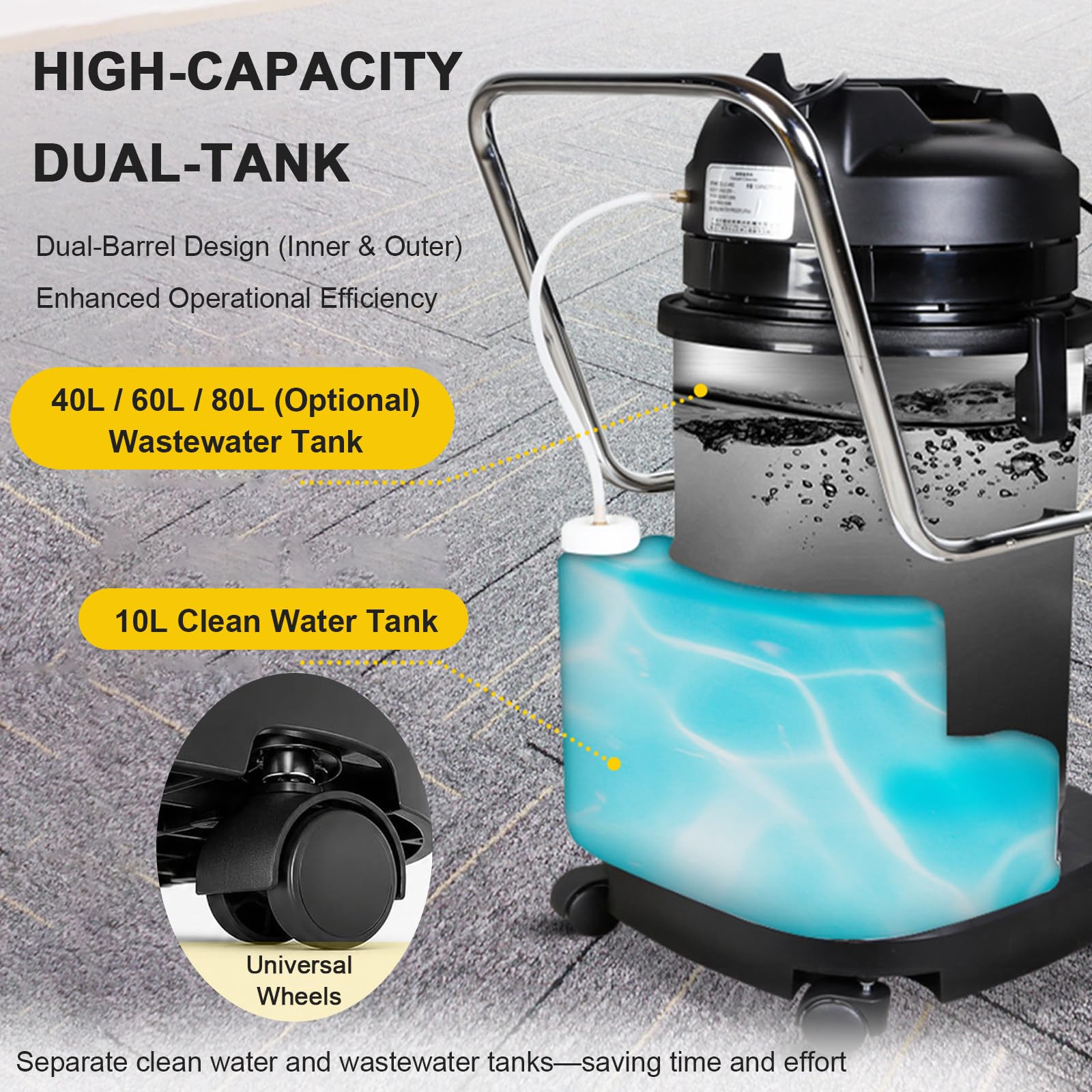 Aspiradora de Agua Tapicería y Alfombras | Potente Inyección 80L | Sistema de doble tanque de alta capacidad, cabezal de aspiración largo y plano (para polvo y líquidos) y cepillo redondo