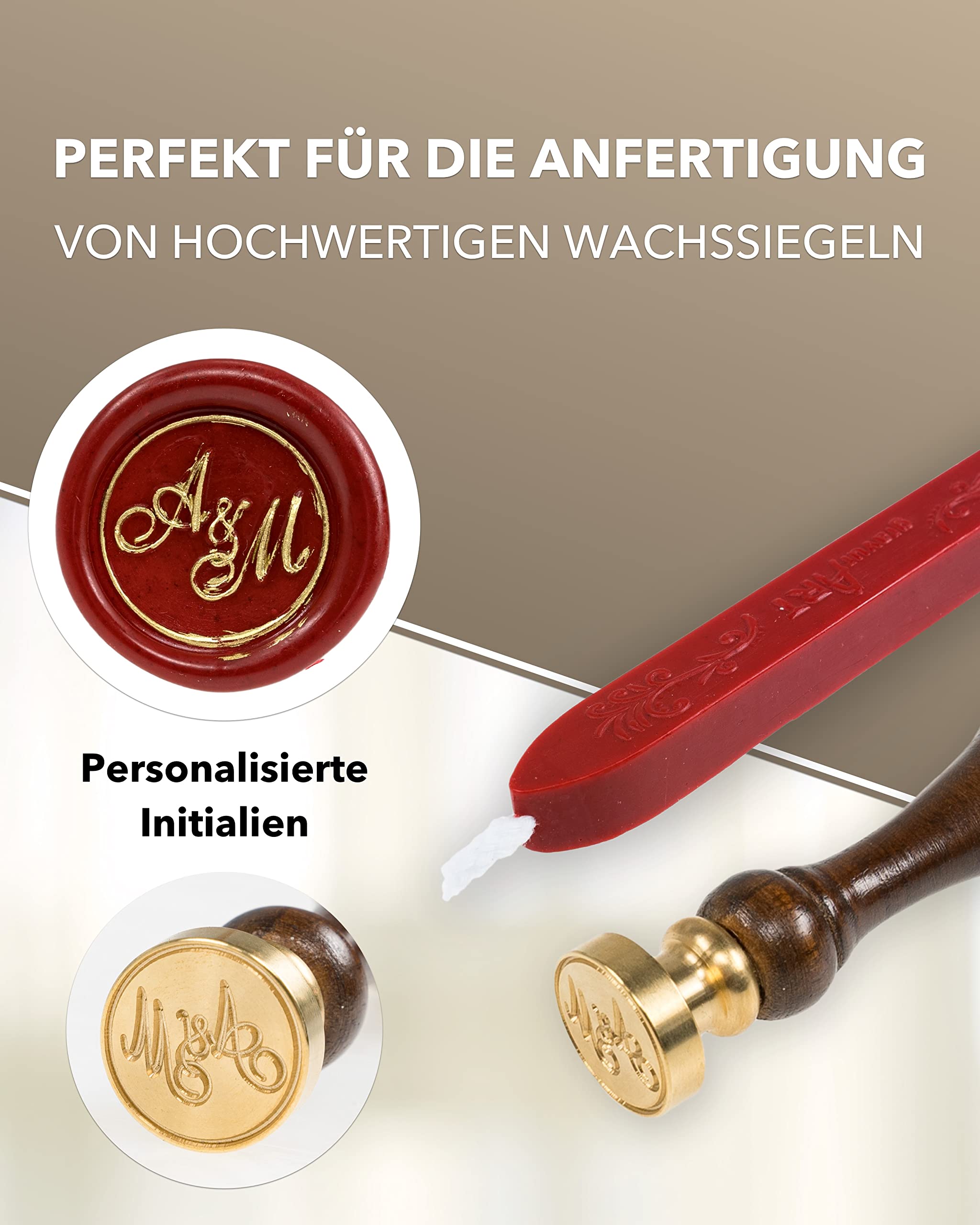 gravurART Siegelstempel personalisiert mit 3 Initialen - Deine Einladungen zur Hochzeit oder Save the Date mit Wachssiegel personalisiert in Schreibschrift - incl. Siegelwachs