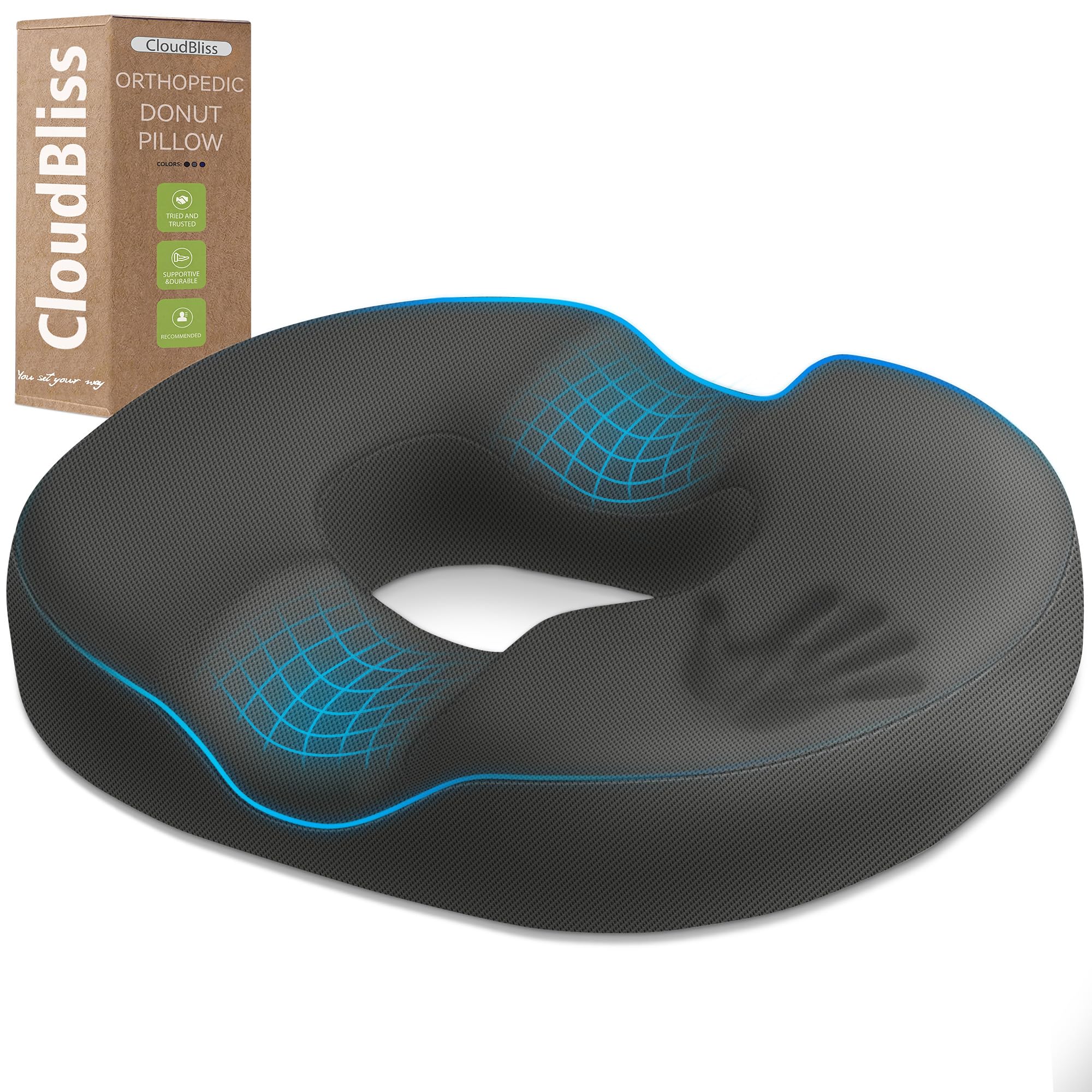 CloudBliss Donut Pillow Stadium Seat Cushion for Tailbone Pain Relief and Hemorrhoids, Memory Foam Seat Chair Cushion, Portable Seat Cushions for Bleachers, Car, Home &amp; Office