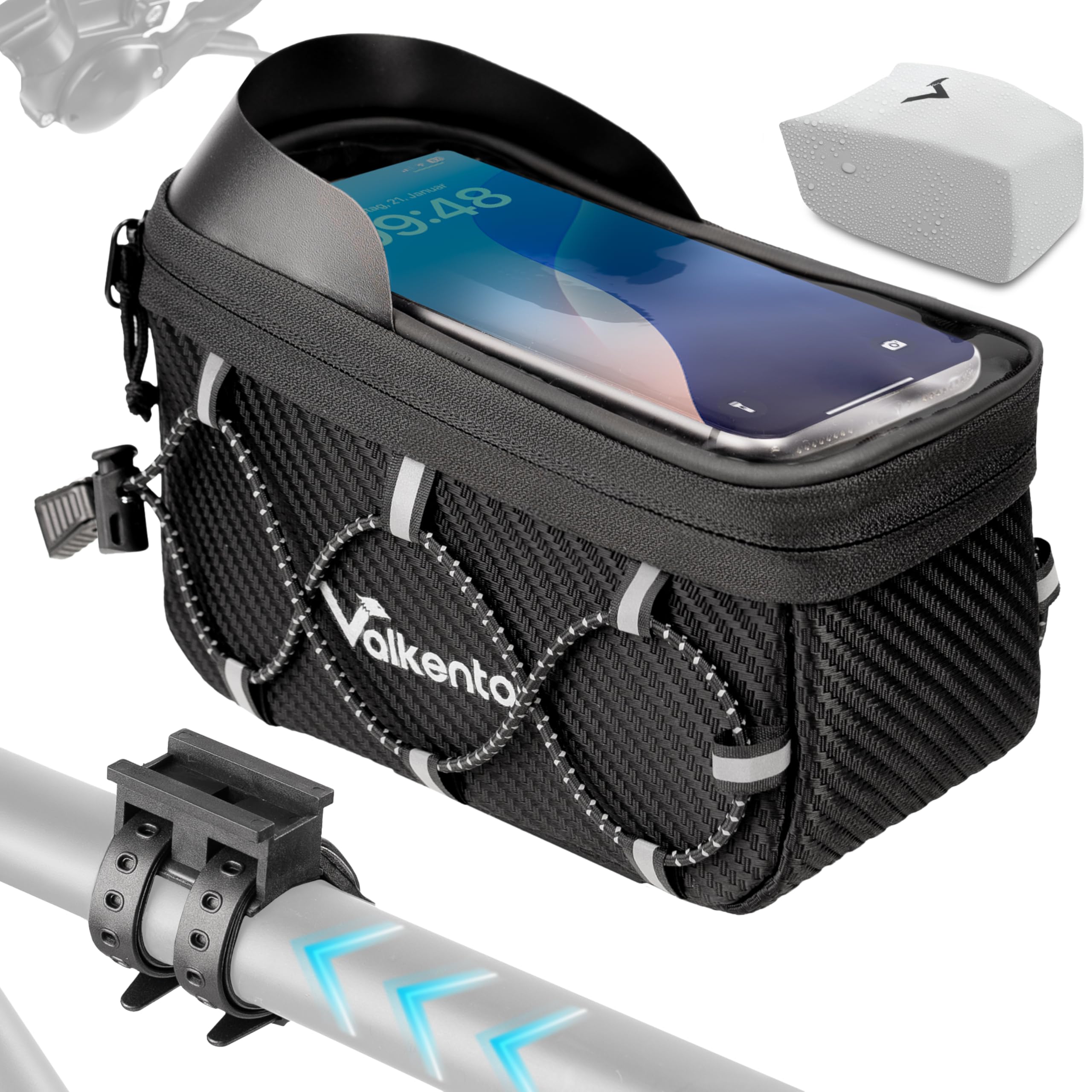 Valkental® Sacoche de Cadre vélo 1,8L [Adaptateur Rapide] Étanche pour VTT, vélo électrique & Route – Pochette Smartphone avec Film Tactile – Sac Tube supérieur Pratique