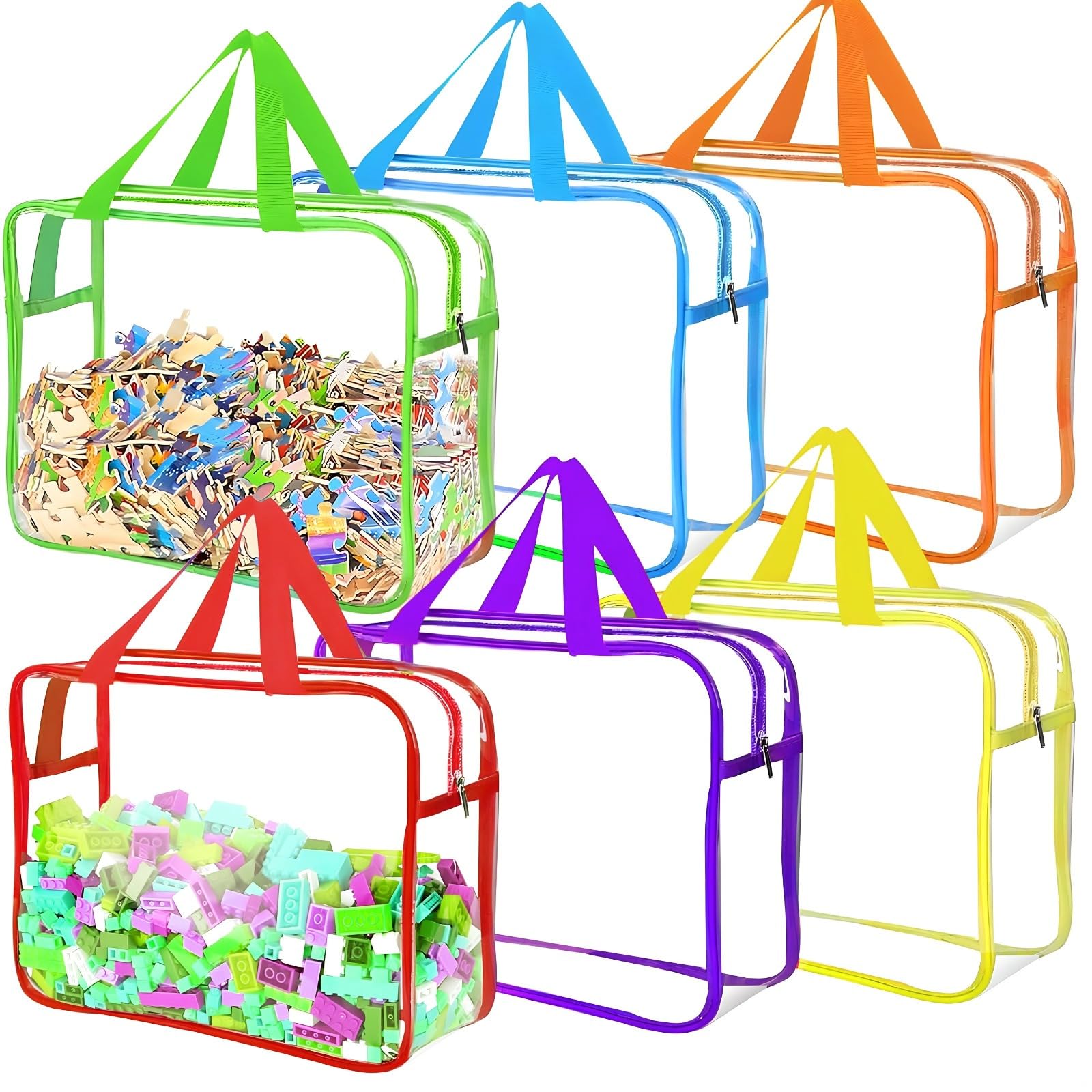 Bosreroy 6 Pcs Large Transparent PVC Storage Bags with Handles, Heavy Duty, Waterproof Organizers for Toys, Puzzles, Crafts, and Travel (11.8X8.66X3.9)