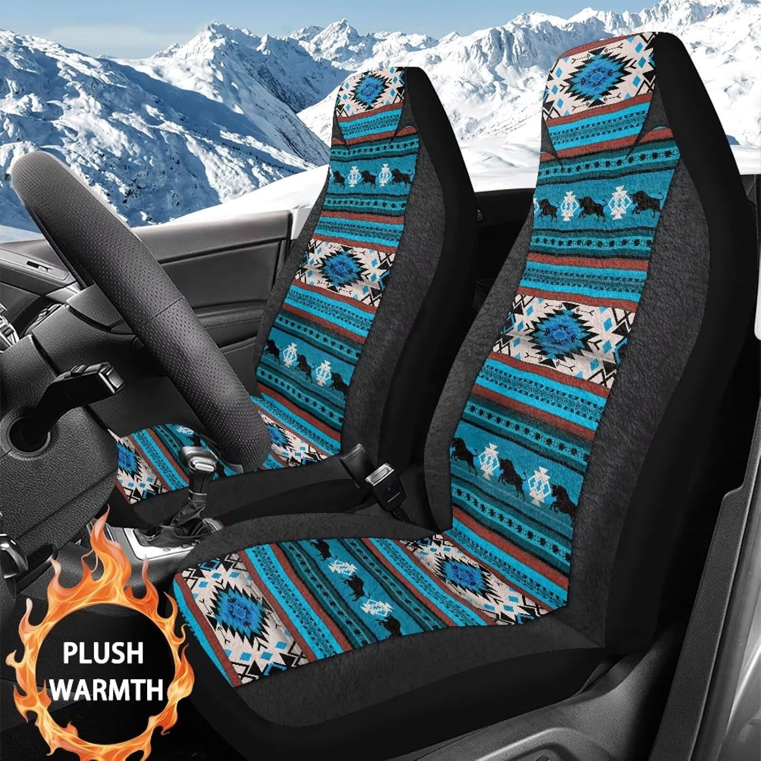 Bulopur Fluffy Car Seat Covers 2 PC Aztec Navajo Automotive Front Bucket Seat Cover Blue Soft Comfy Vehicle Interior Cushion Covers for Highback Seats