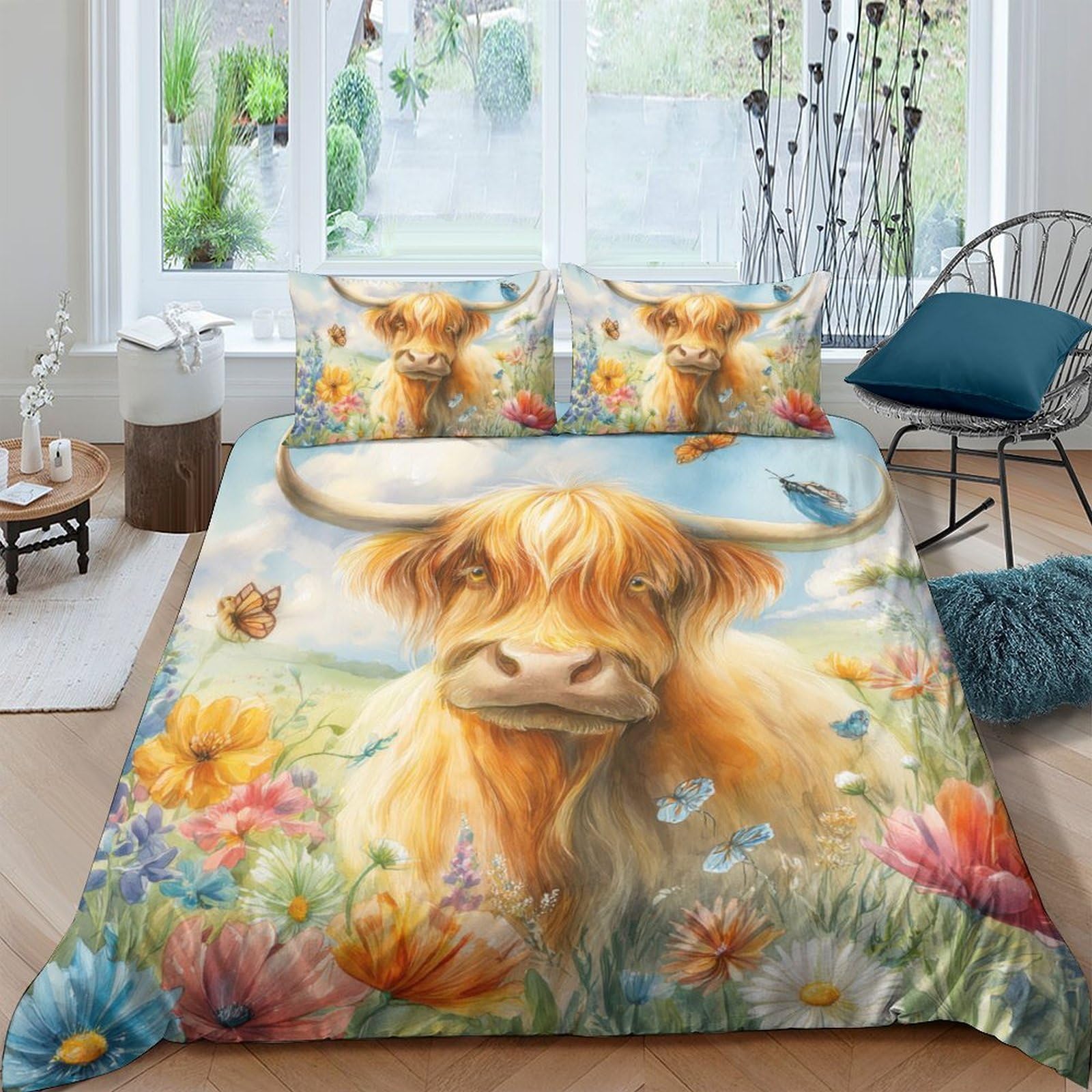 Ctjqhvkz Style-7 3D Printed Highland Cow Fitted Sheet Microfiber Soft Floral Meadow Bed Cover Anti-Slip For Bedroom Guest Room Decor Single（135X200cm）