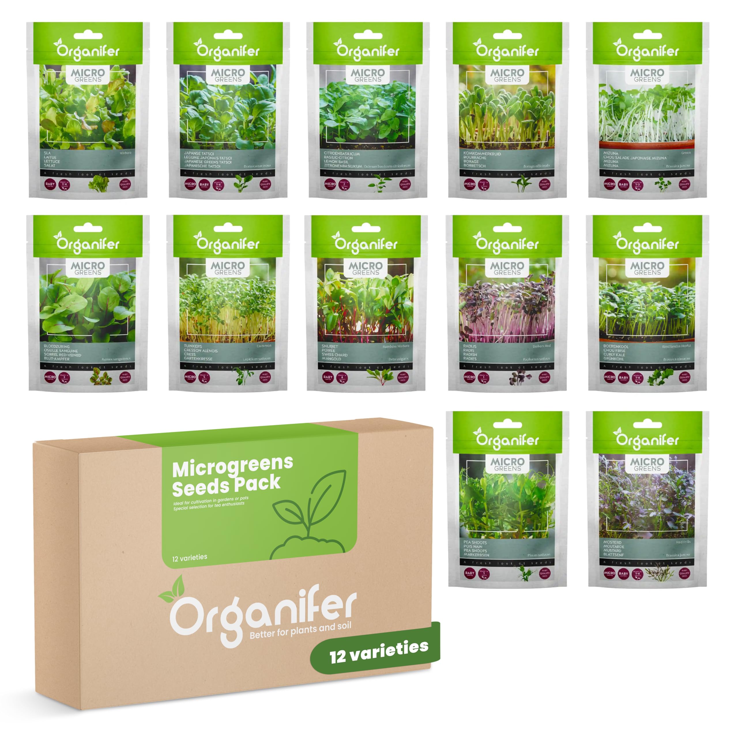 Paquete Microgreens (Babyleaf Y Micro Leaf) | Brotes - Semillas De Berros - Semillas De Huerta - Semillas De Lechuga - Semillas De Rábano - 12 Variedades - Organifer