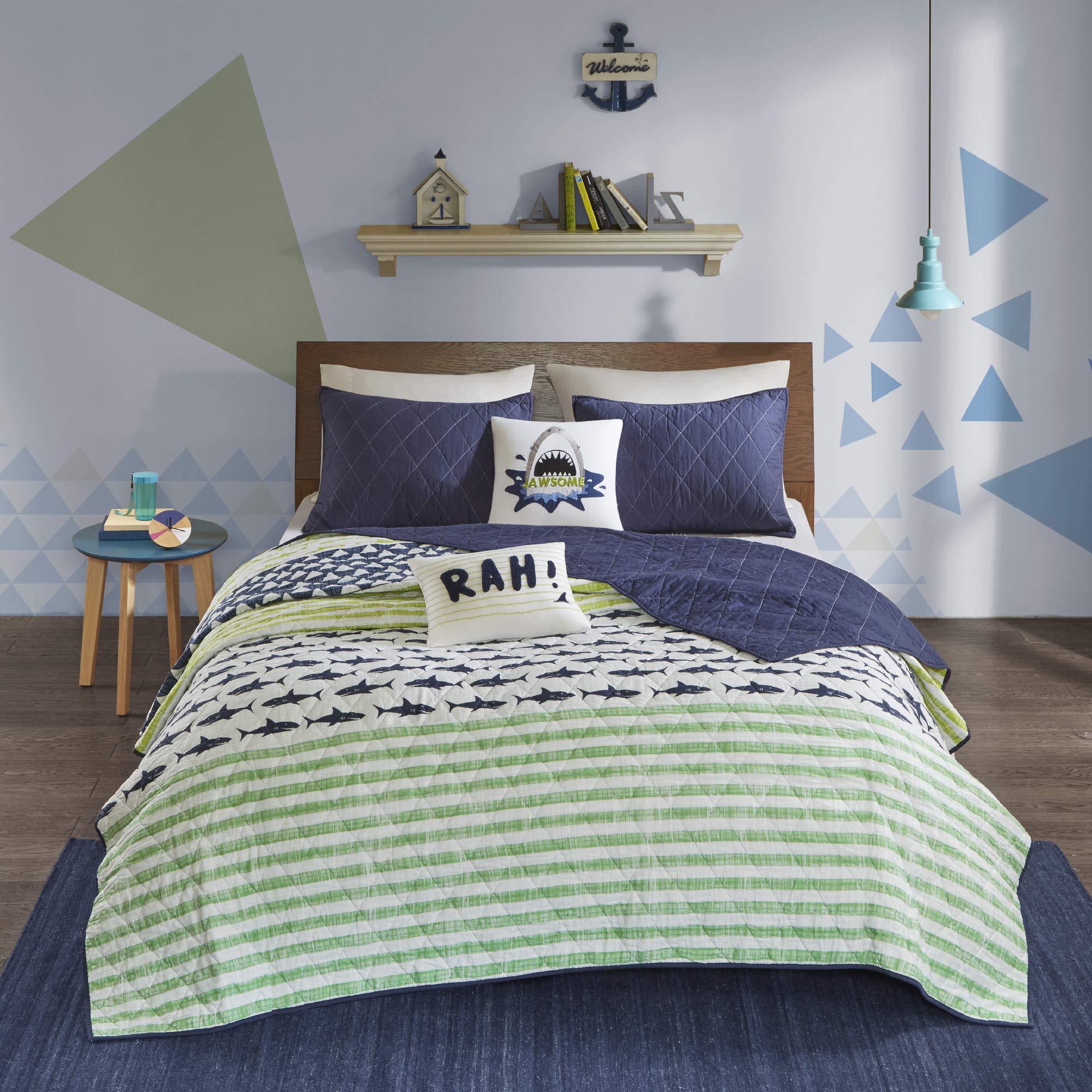 Urban Habitat Kids Finn Full/Queen Bedding Sets Boys Quilt Set - Green, Navy , Shark Stripe – 5 Piece Kids Quilt For Boys – 100% Cotton Quilt Sets Coverlet