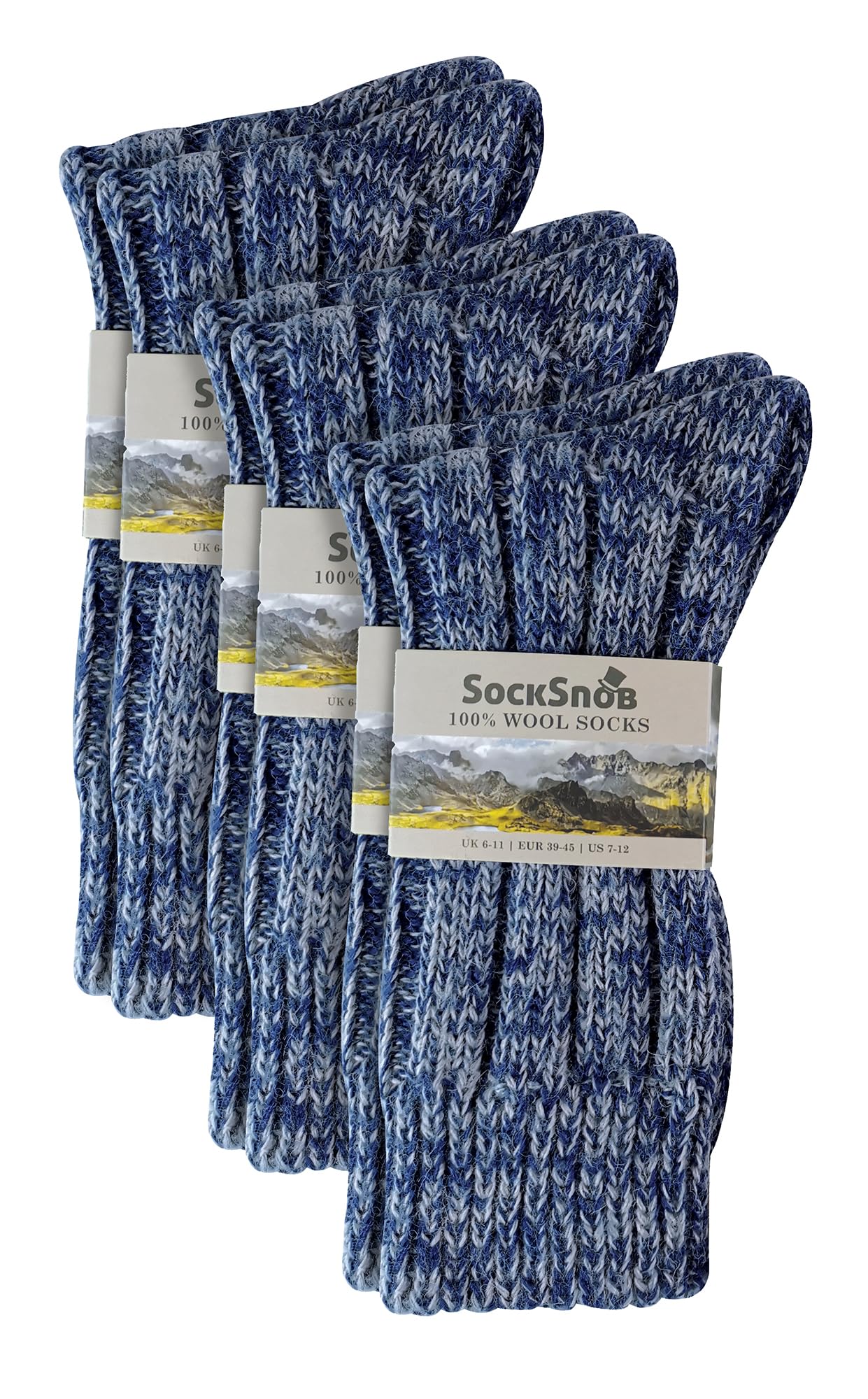 Sock Snob 3 Pack 100% Wool Socks Mens Warm Boot Socks for Hiking (7-12, Blue)