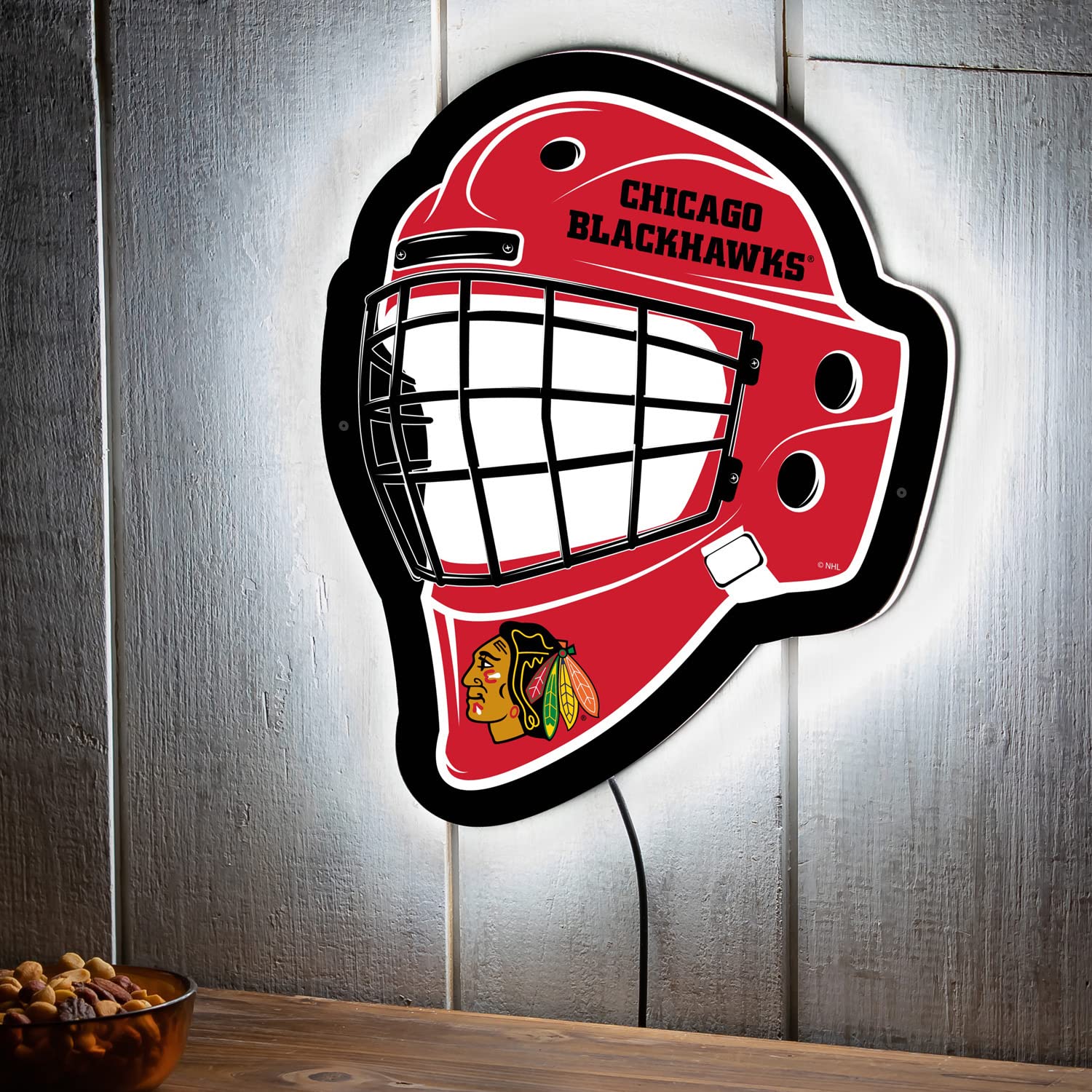 Team Sports America Evergreen NHL Chicago Blackhawks Ultra-Thin LED Light Wall Sign Decor | Full Size Replica Helmet | 15.6 x 19 Inches