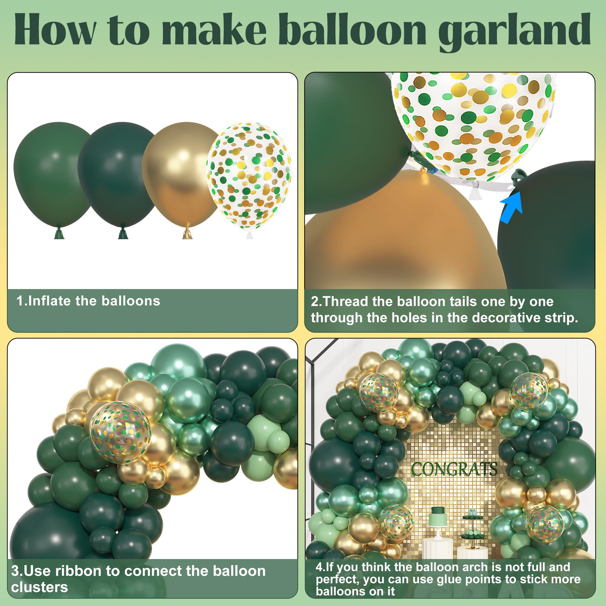 Ouddy Life 157-teiliges grün-goldenes Ballonbogen-Girlande-Set, dunkelgrün-metallisches Latex-Konfetti-Ballon, verschiedene Größen für Abschlussfeier, Klasse, College, Geburtstag, Jahrestag