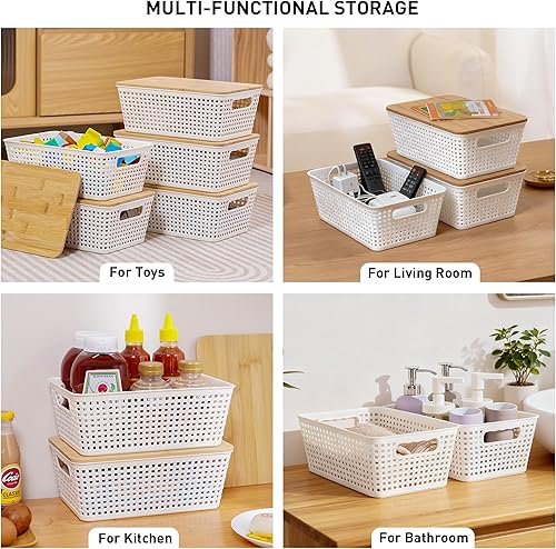 Miniatura 5 de Contenedores de almacenamiento con tapas, 6 paquetes, contenedores de almacenamiento de plástico con tapas de bambú para organización de despensa y