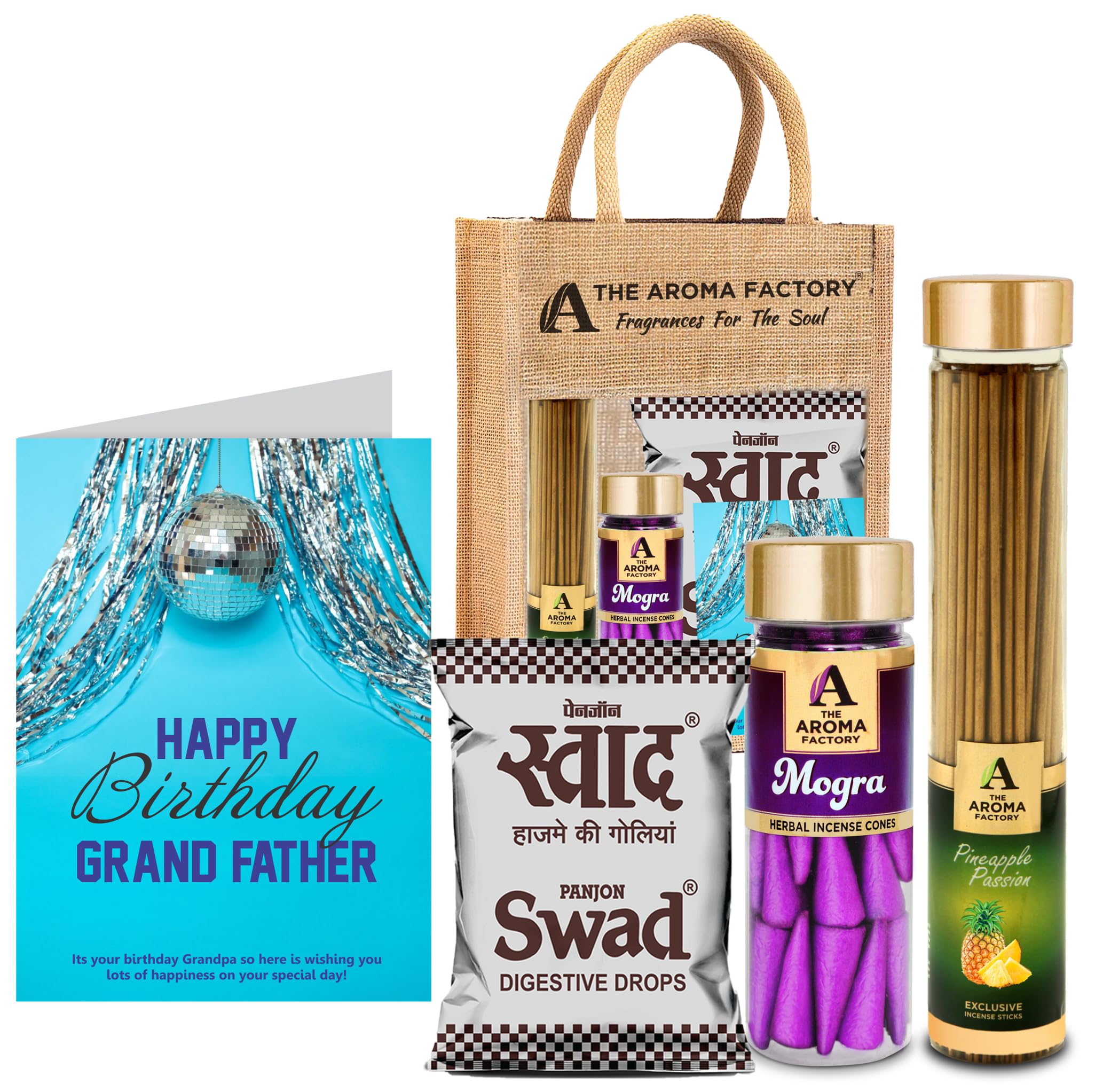 The Aroma FactoryHappy Birthday Dada Grand Dad Gift with Card (25 Swad Candy, Pineapple Agarbatti Bottle, Mogra Cone) in Jute Bag
