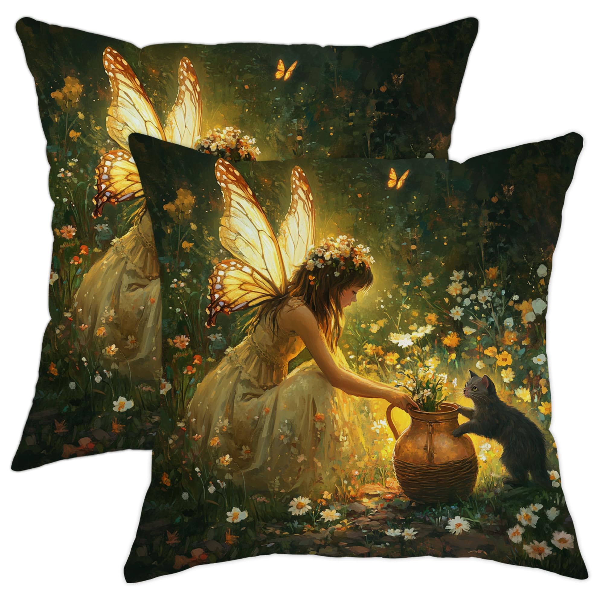 Fairy Tale Pillow Covers Set of 2, Enchanted Forest Girl and Cat Decor Throw Pillows, Magical Floral Fantasy Cushion Covers for Couch Bed Home Decor 16x16 Inch