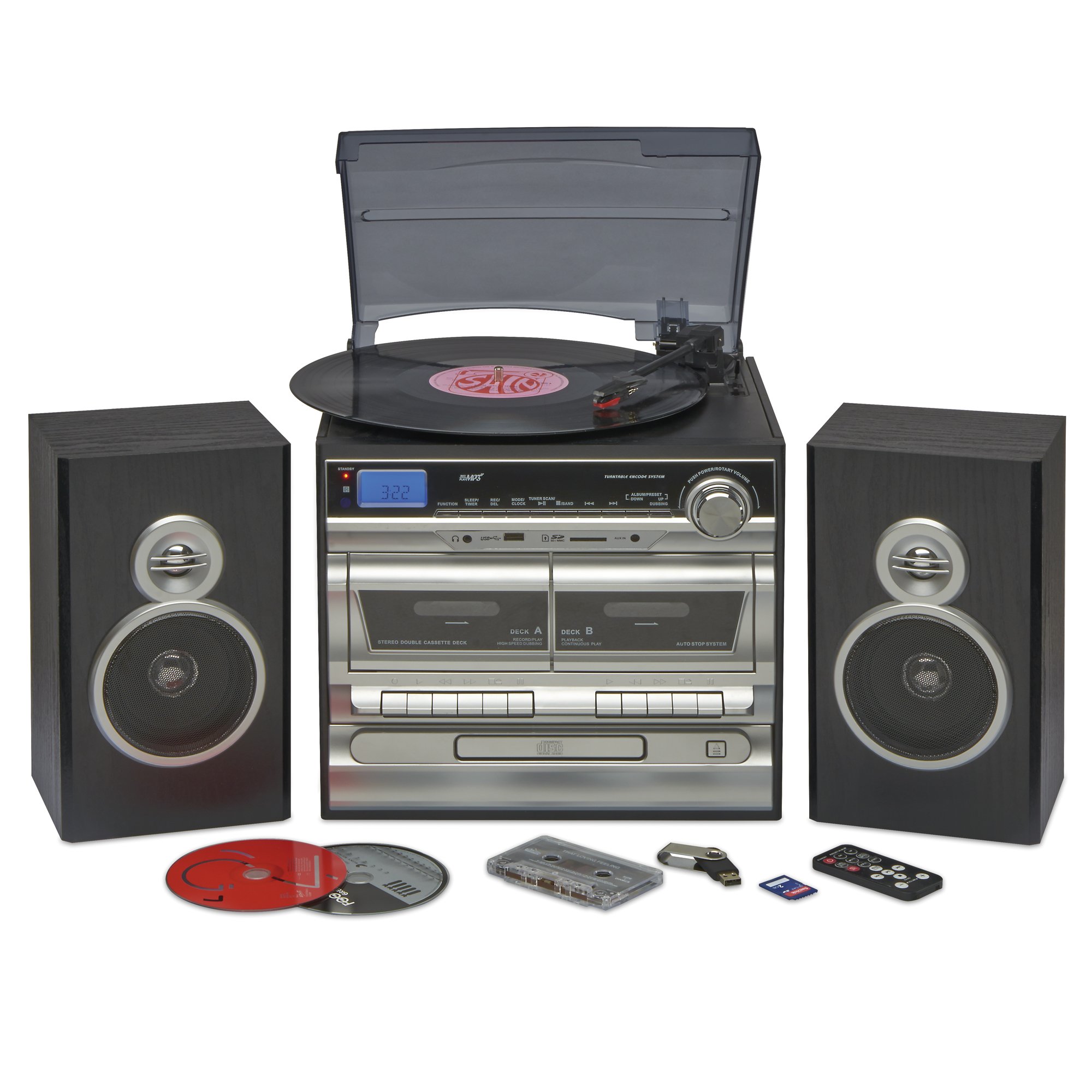 Zennox Midi Hi-Fi Music System Vinyl Recod Turntable, 6-in-1 Cassettes Radio & CDs, LCD Display with Speakers