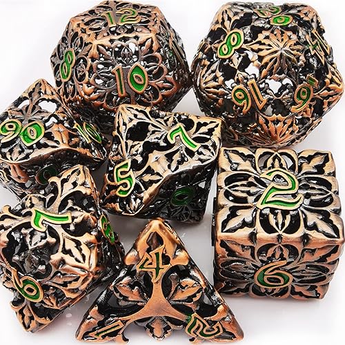 HAOMEJA D&D - Juego de 7 dados de flores de metal hueco DND para juegos de rol, cobre rojo antiguo
