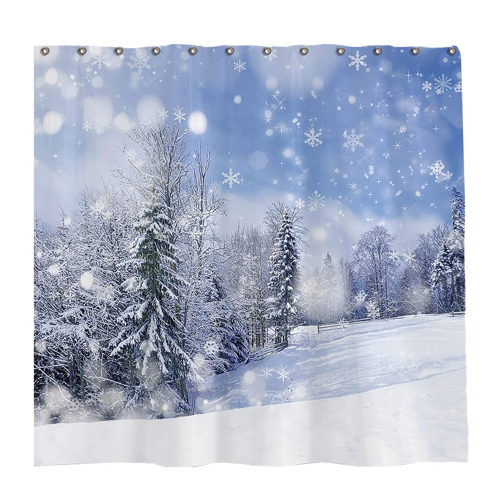 GOOESING Winter Shower Curtain Set with 12 Hooks Christmas Wonderland Forest Bokeh Snow Scene Pine Tree Bathroom Curtain Durable Waterproof Polyester Fabric Bathtub Sets Home Decor