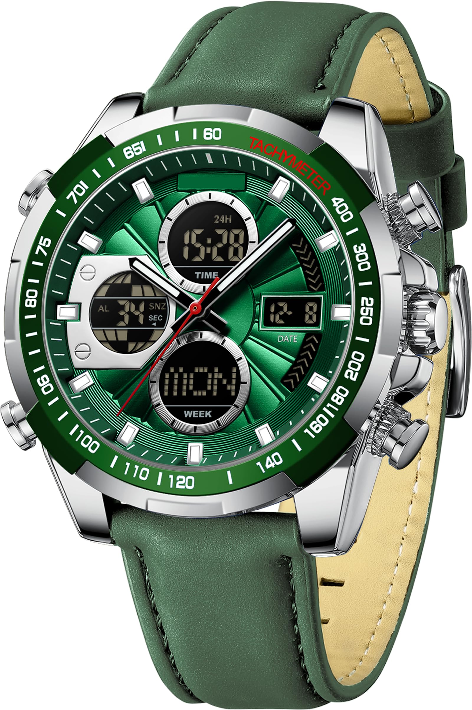 Mens Watch Digital Military Watches Leather Strap Alloy Case Waterproof Analogue Watch Luxury Dress Sport Designer Wrist Watches Dual Time LED Luminous Alarm Stopwatch