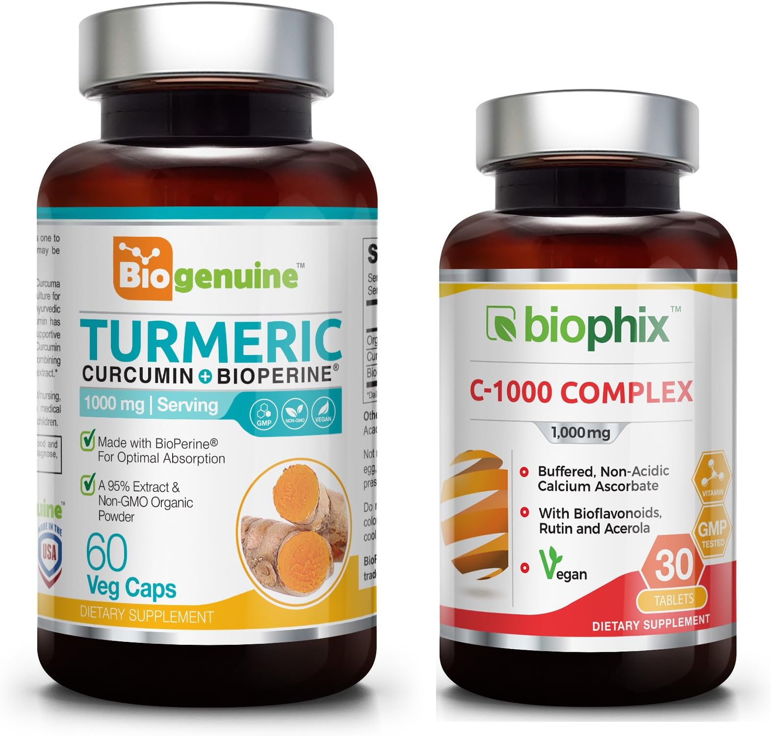 Organic Turmeric Curcumin 1000 mg 60 Vcaps - Free Vitamin C-1000 - Powerful Antioxidant - Supports Immune and Joint Health