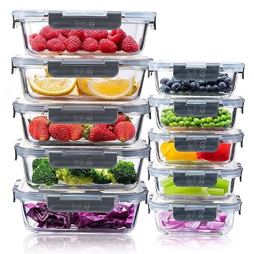 Igluu Meal Prep Glass Containers with Airtight Lids 10 Pack Rectangle 2 Sizes 1050ml and 370ml BPA-Free Meal Prep Containers Reusable – Borosilicate Glass, Oven Safe - Rectangle