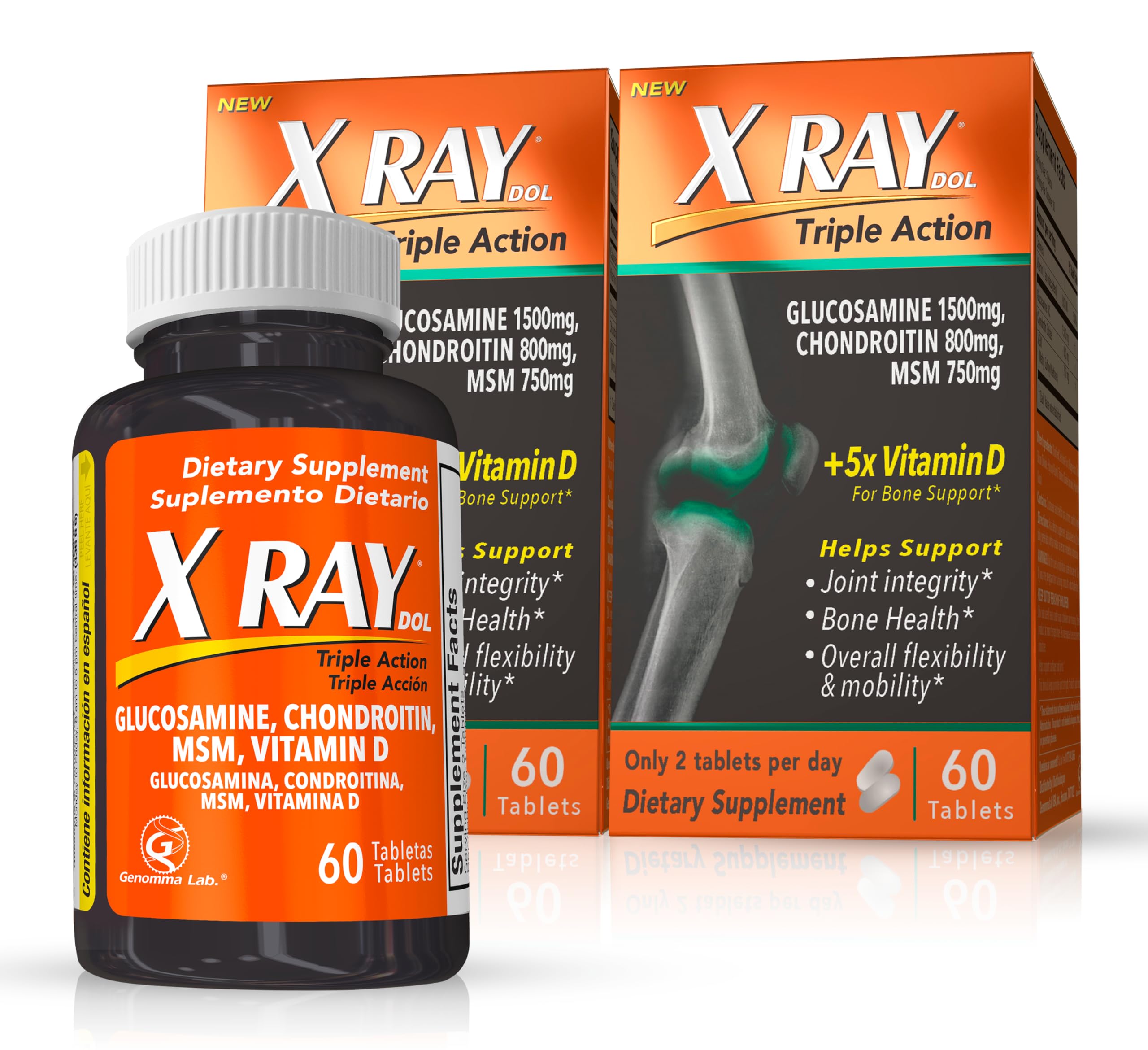 X Ray Dol Triple Action Joint Support Supplement with Glucosamine 1500mg, Chondroitin 800mg, MSM 750mg and 5X Vitamin D for Healthy Joints, Bones & Cartilage - 60 Count per Bottle - 2 Pack