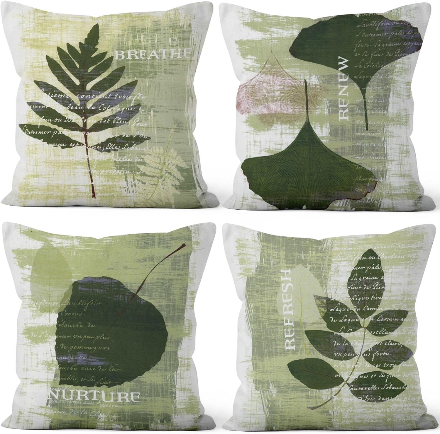 4 Pcs/Set Green Leaves Throw Pillow Covers Spring Vintage Ginkgo Leaves Nature Plants Botanical Minimalist Linen Throw Pillowcases for Couch Sofa Farmhouse Decoration, 18"x18"